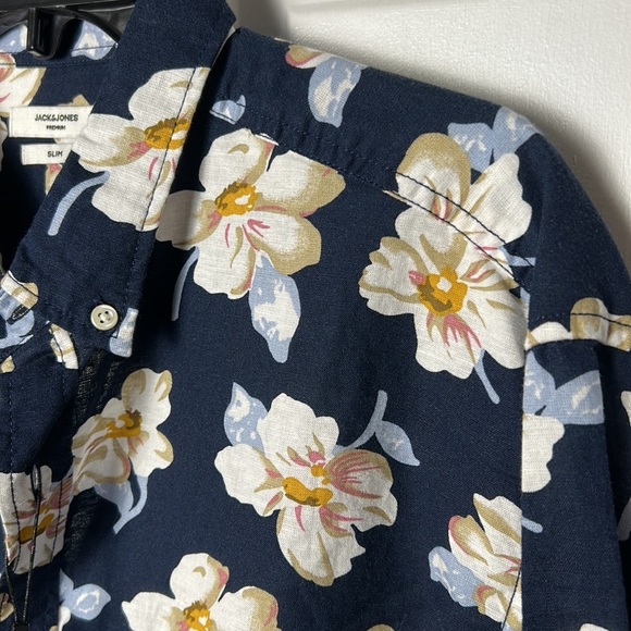 Jack & Jones XL blue yellow floral cotton linen blend men dress shirt NWT! - Picture 9 of 16